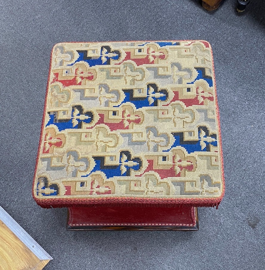 A Victorian tapestry upholstered hinged box seat stool, width 42cm, depth 42cm, height 41cm